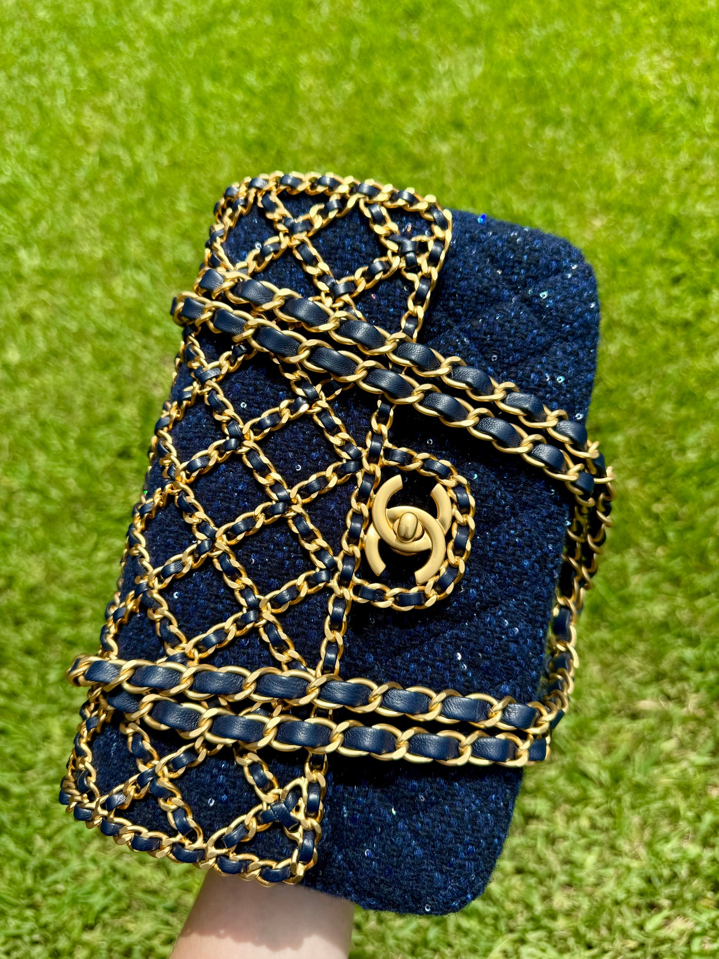 Chanel 2020 Small Woven Chain Blue Tweed Classic Flap