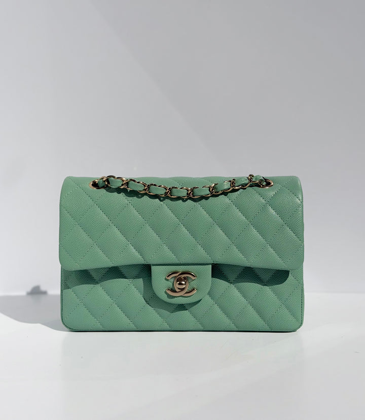 Chanel Small Classic Double Flap Caviar Green Light Gold Hardware 2023