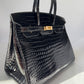 Hermes 18K Yellow Gold Diamond Black Porosus Crocodile Birkin 35