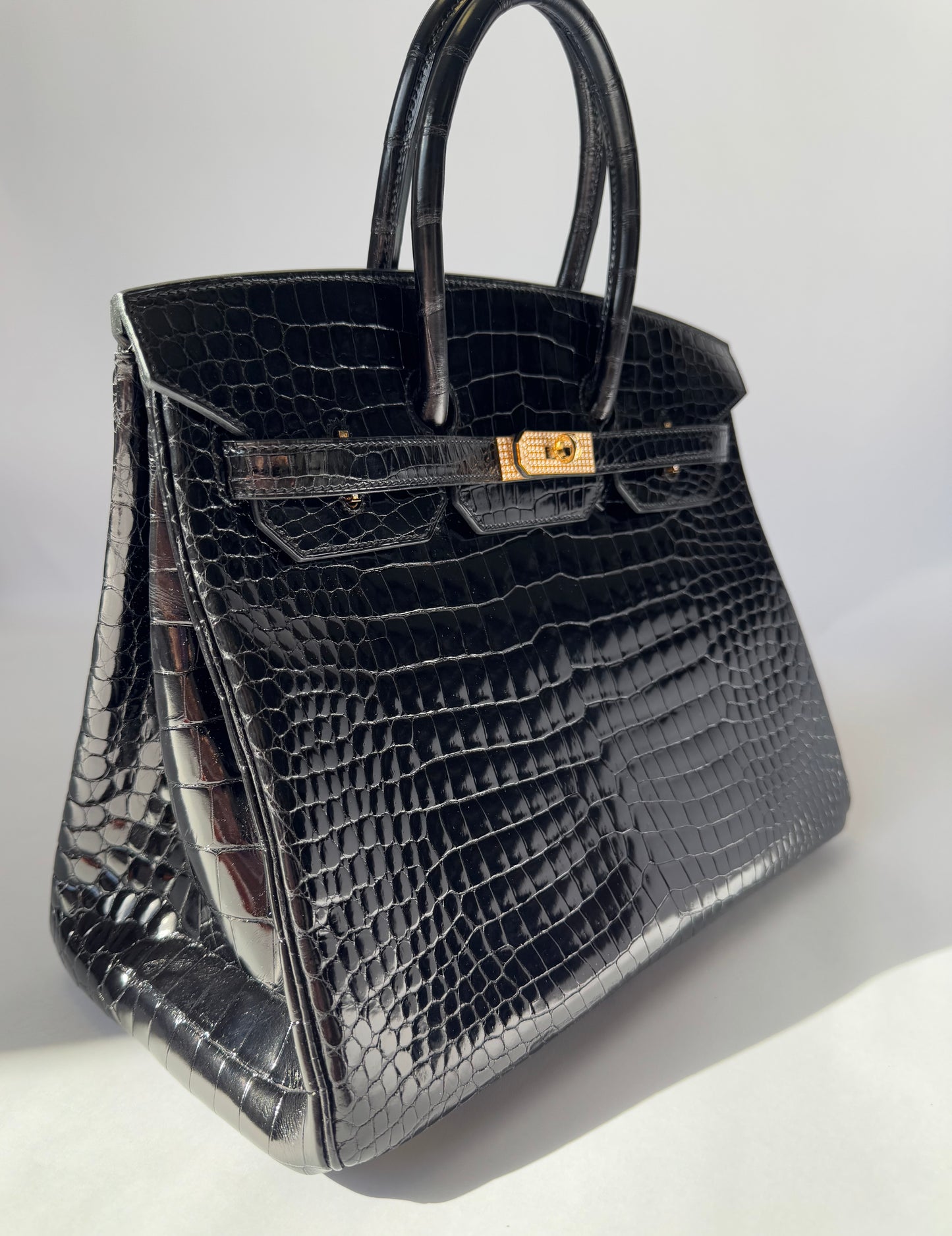 Hermes 18K Yellow Gold Diamond Black Porosus Crocodile Birkin 35