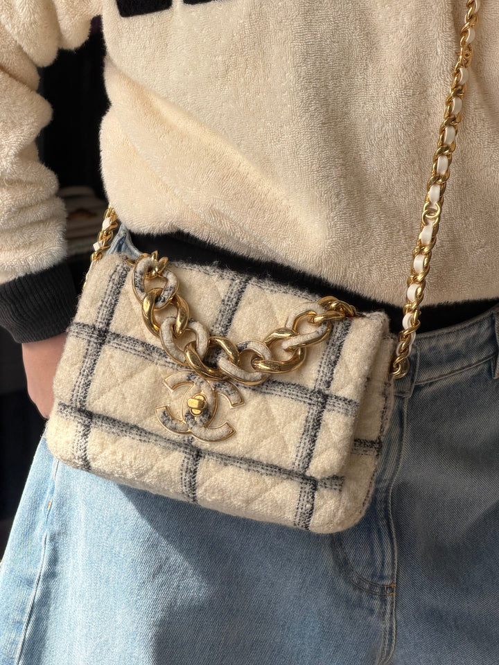 Chanel Small Elegant Chain Flap Wool Tweed White Black Gold Hardware 2022