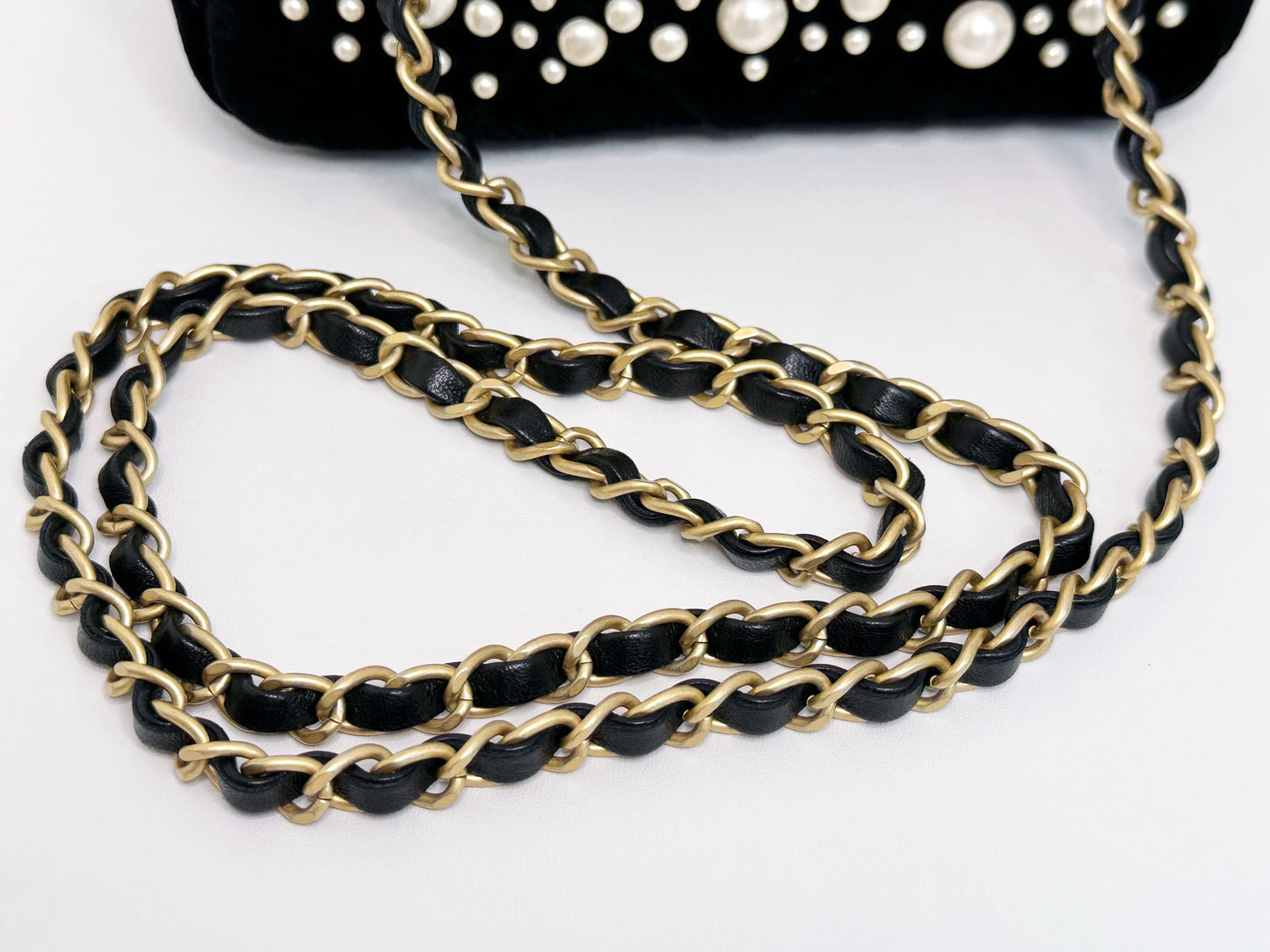 Chanel Black Velvet Mini Pearl Flap Bag