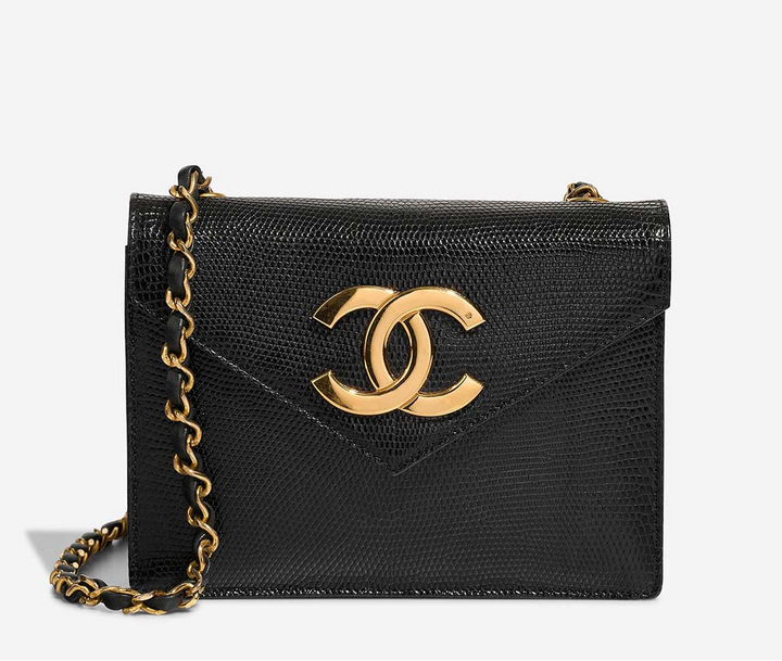 Chanel 1991 Black Lizard CC Envelope Flap Bag