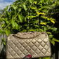 Chanel Metallic Gold Lambskin Camellia Rose Appliqué Medium Flap Bag