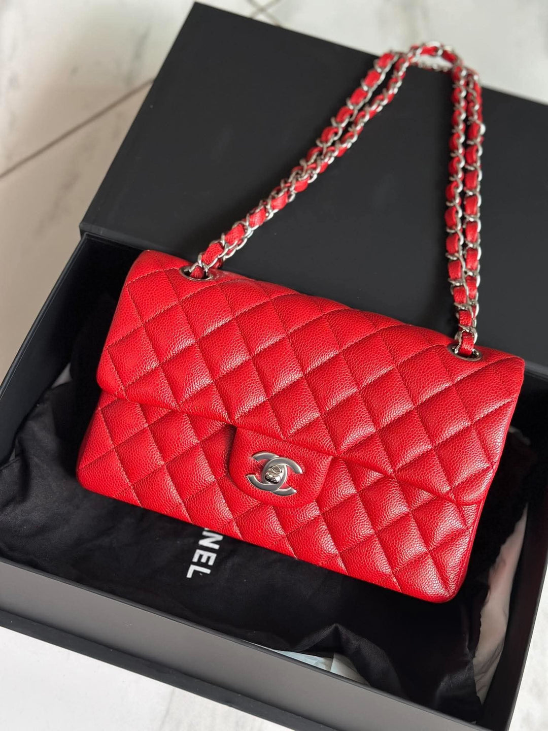 Chanel Small Classic Double Flap Caviar Red Silver Hardware 2020