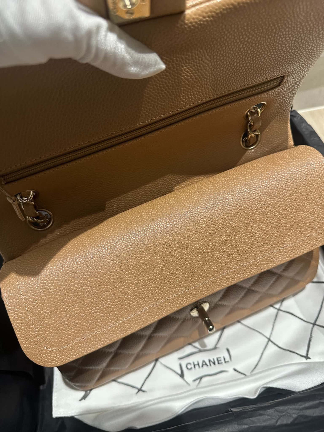 Chanel Medium Classic Flap Bag Dark Beige Caviar Gold Tone Hardware 2018