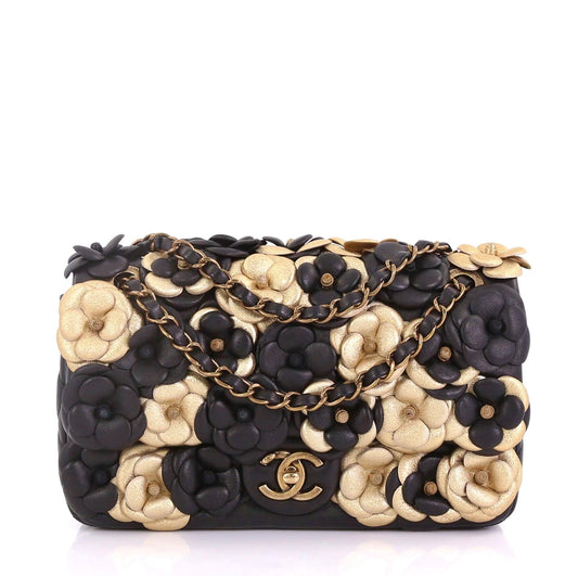 Chanel Metallic Gold and Black Lambskin Camellia Rose Appliqué Medium Flap Bag