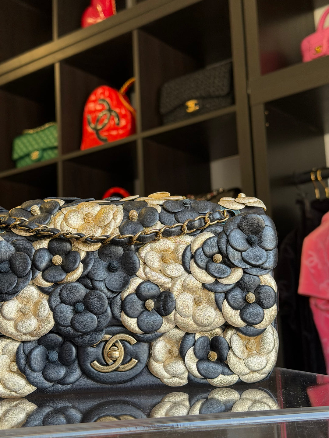 Chanel Metallic Gold and Black Lambskin Camellia Rose Appliqué Medium Flap Bag