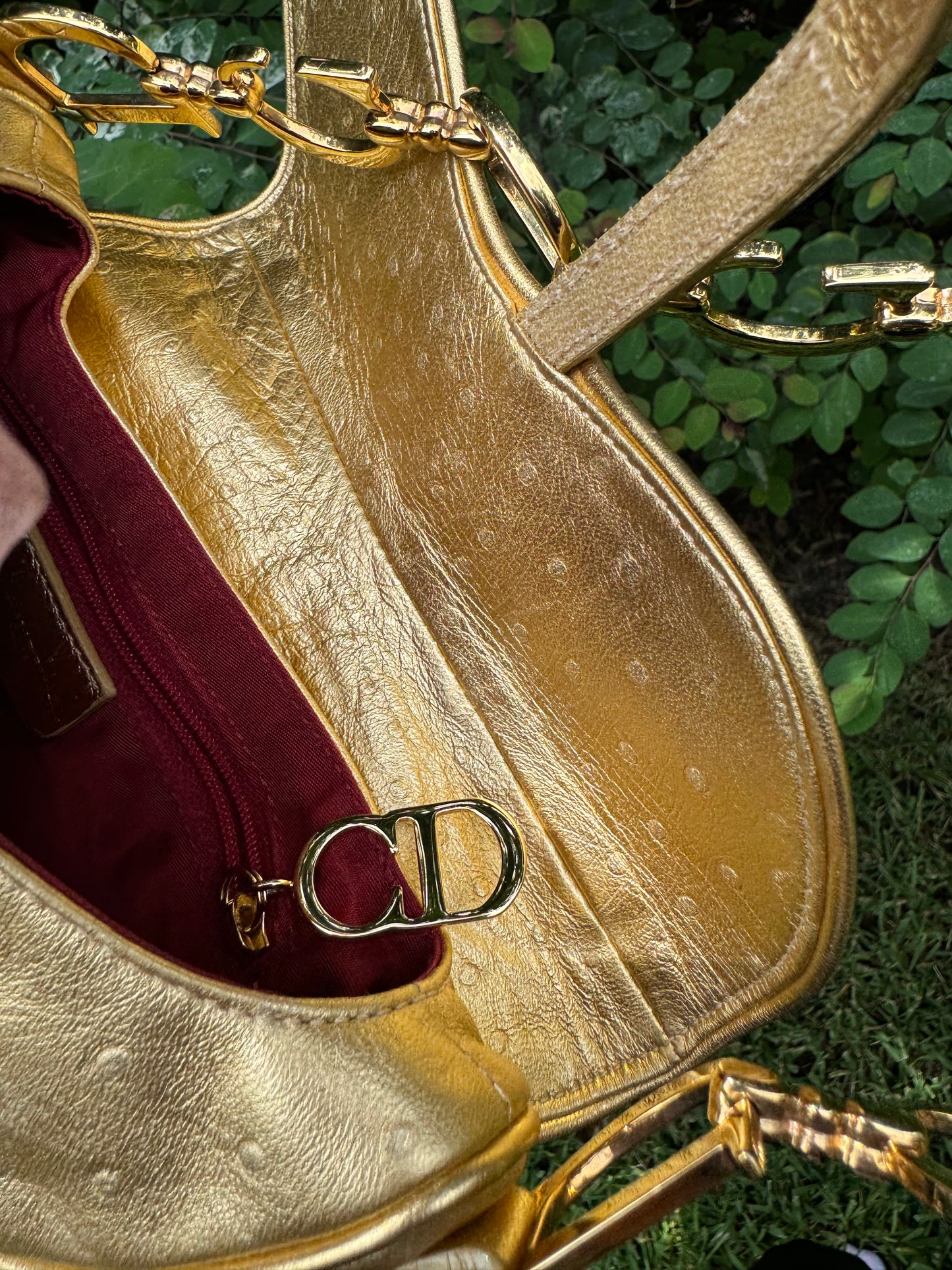 Christian Dior Metallic Gold Ostrich Saddle + Matching Pouch