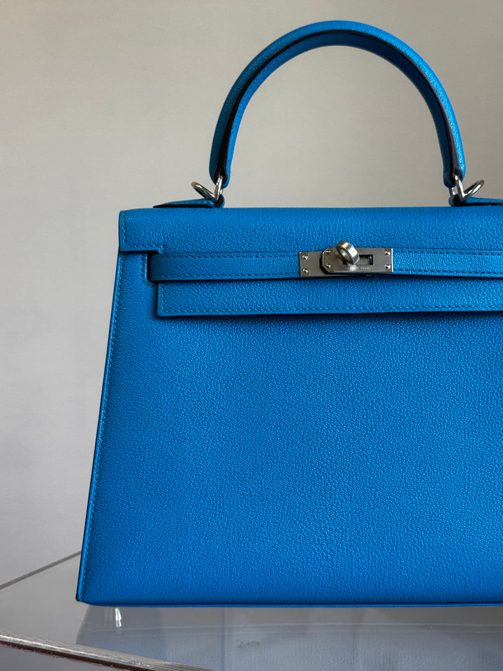 Hermes Bleu Frida Chèvre Kelly 25 Sellier