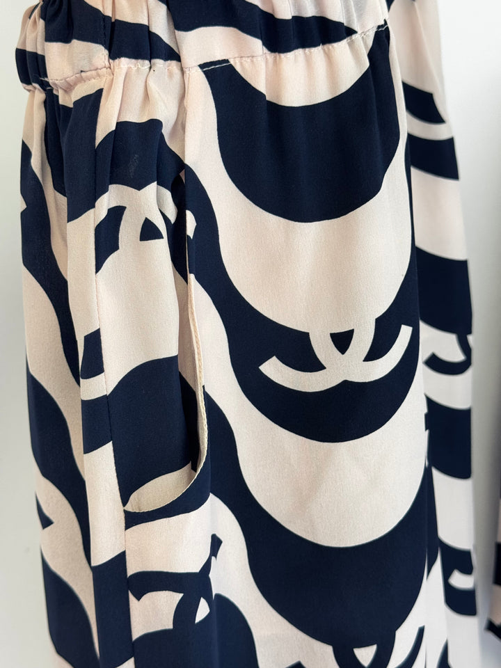 Chanel 2021 Navy/Pink Silk Wave Shirt & Pants Set