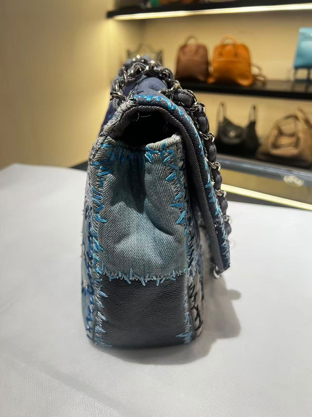 Chanel Jumbo Single Flap Patchwork Denim Blue Tweed Textile Leather Silver Hardware 2015