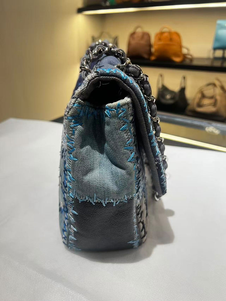 Chanel Jumbo Single Flap Patchwork Denim Blue Tweed Textile Leather Silver Hardware 2015