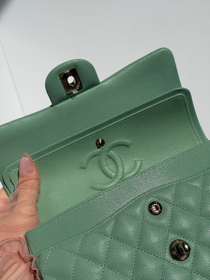 Chanel Small Classic Double Flap Caviar Green Light Gold Hardware 2023