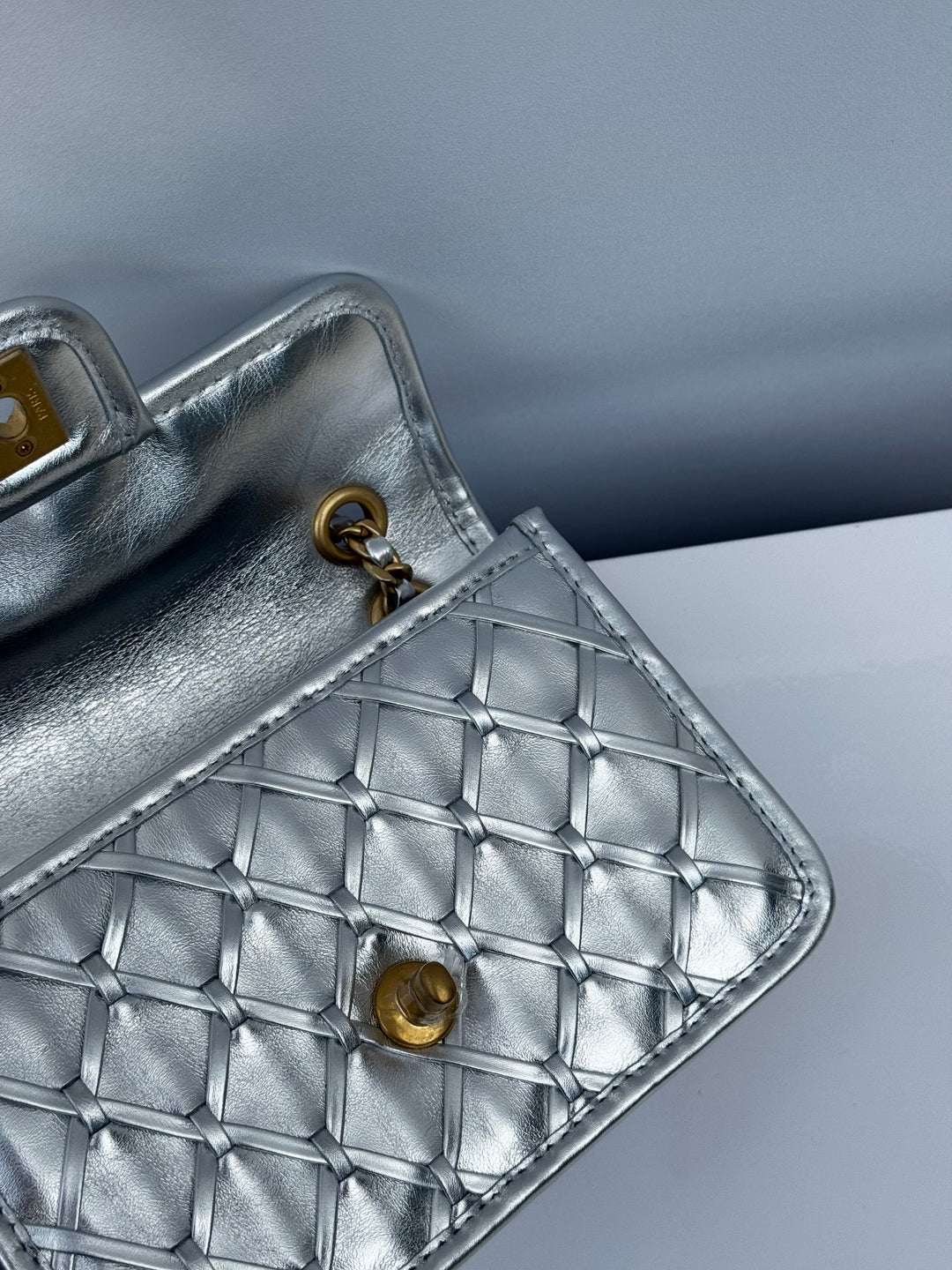 Chanel Silver Metallic Mini Braided Calfskin Flap Bag