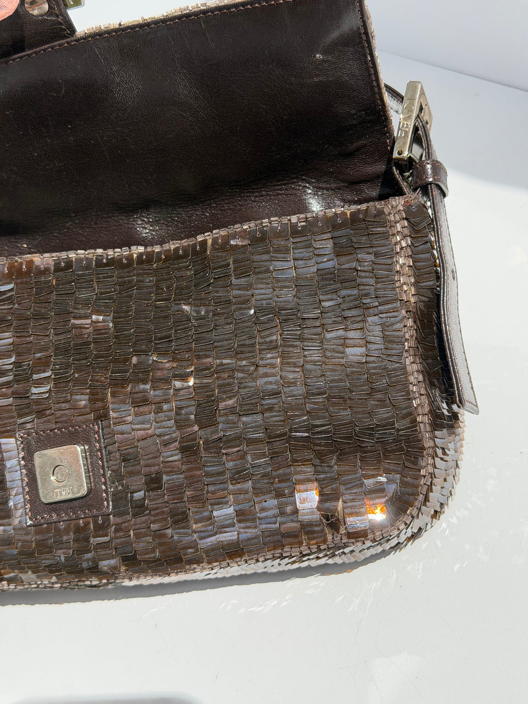 Fendi Brown Sequin Zucca FF Baguette Silver Hardware