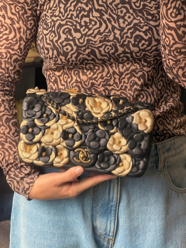 Chanel Metallic Gold and Black Lambskin Camellia Rose Appliqué Medium Flap Bag