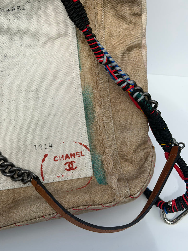 Chanel Runway Art School Graffiti Canvas Tote Beige Multicolor Ruthenium Hardware 2014