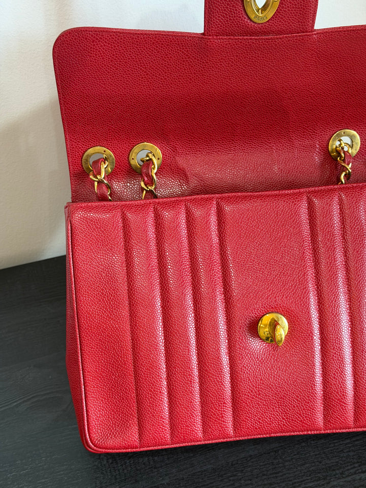 Chanel Vertical Flap Jumbo Red Caviar 24K Gold Plated Hardware 1994