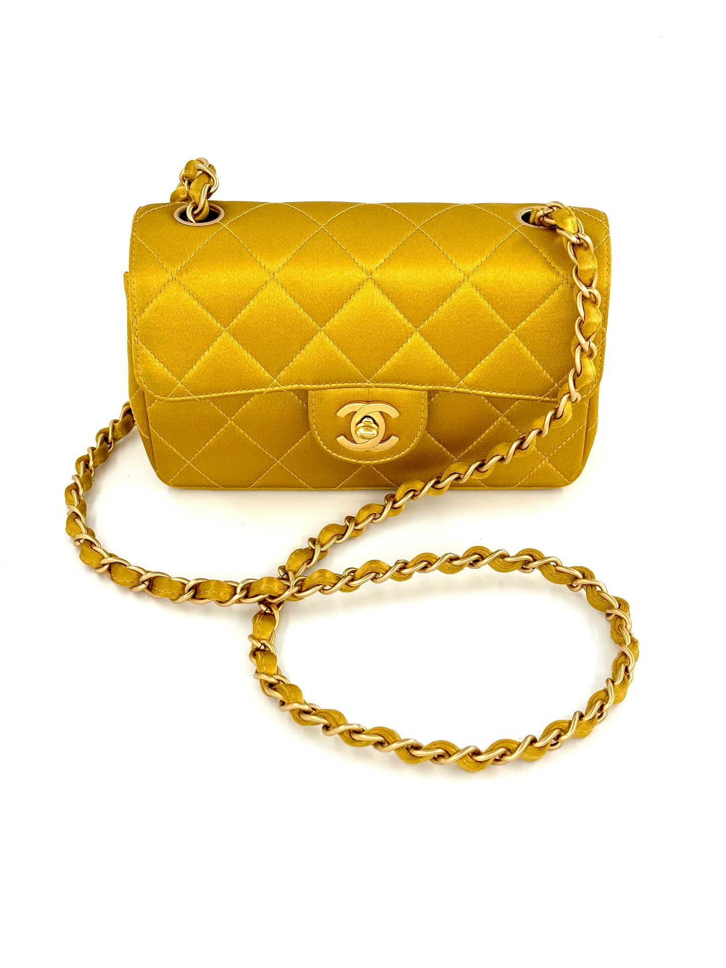 Chanel Gold Satin Mini Rectangle Flap