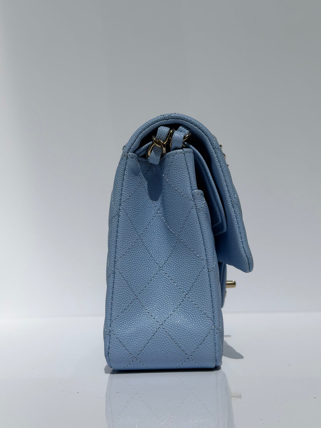 Chanel Medium Classic Double Flap Caviar Light Blue Light Gold Hardware 2023