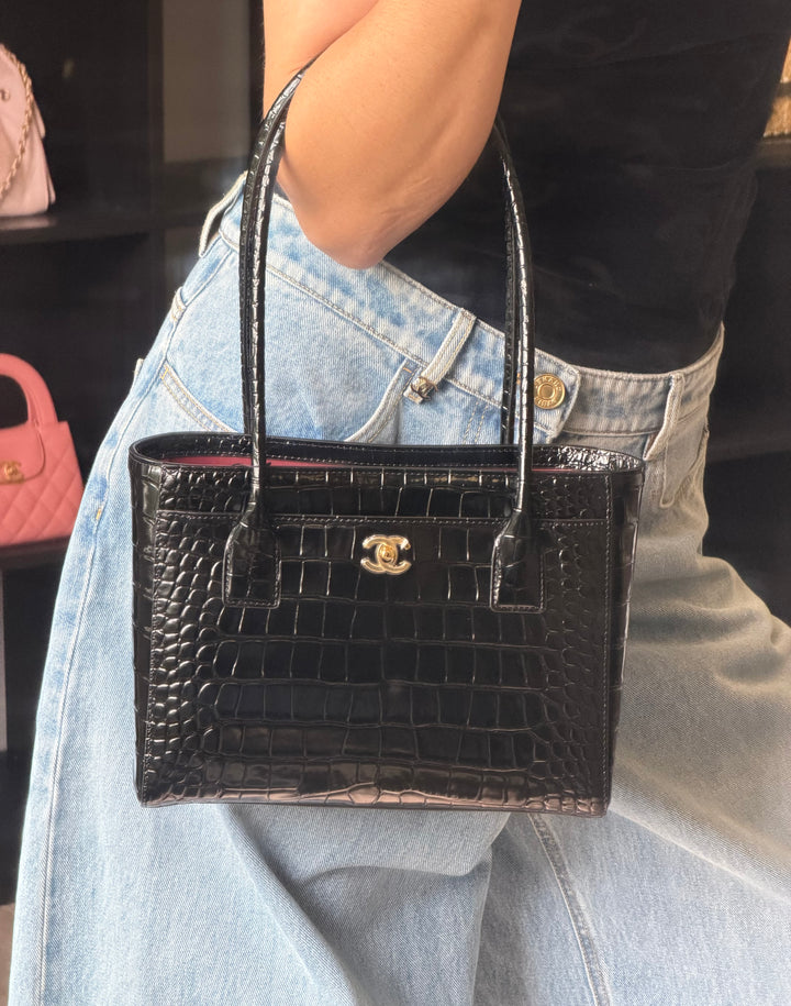 Chanel Mini Shopping Bag Crocodile Embossed Calfskin Black 2026