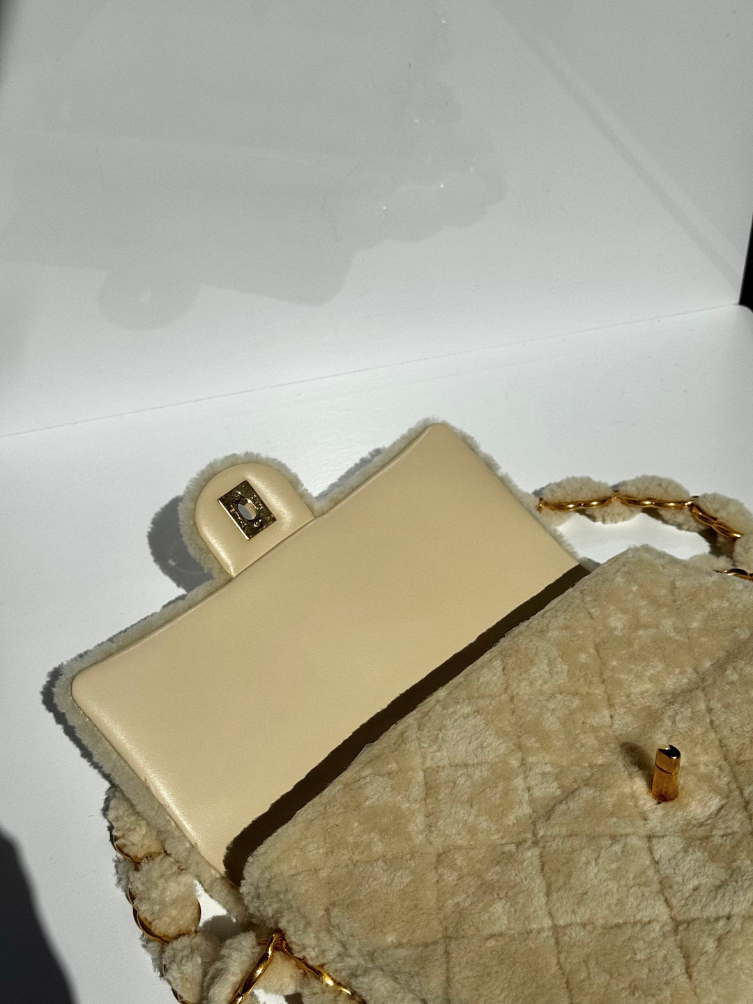 Chanel Ecru Shearling Lambskin Medium CC Chains Flap Bag