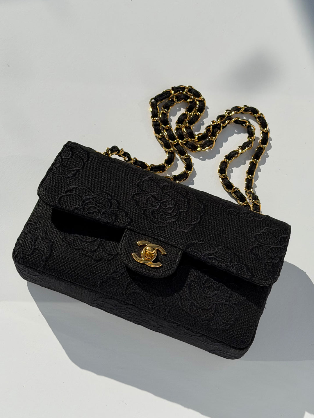 Chanel 1997 Small 24K Black Camellia Classic Flap Bag