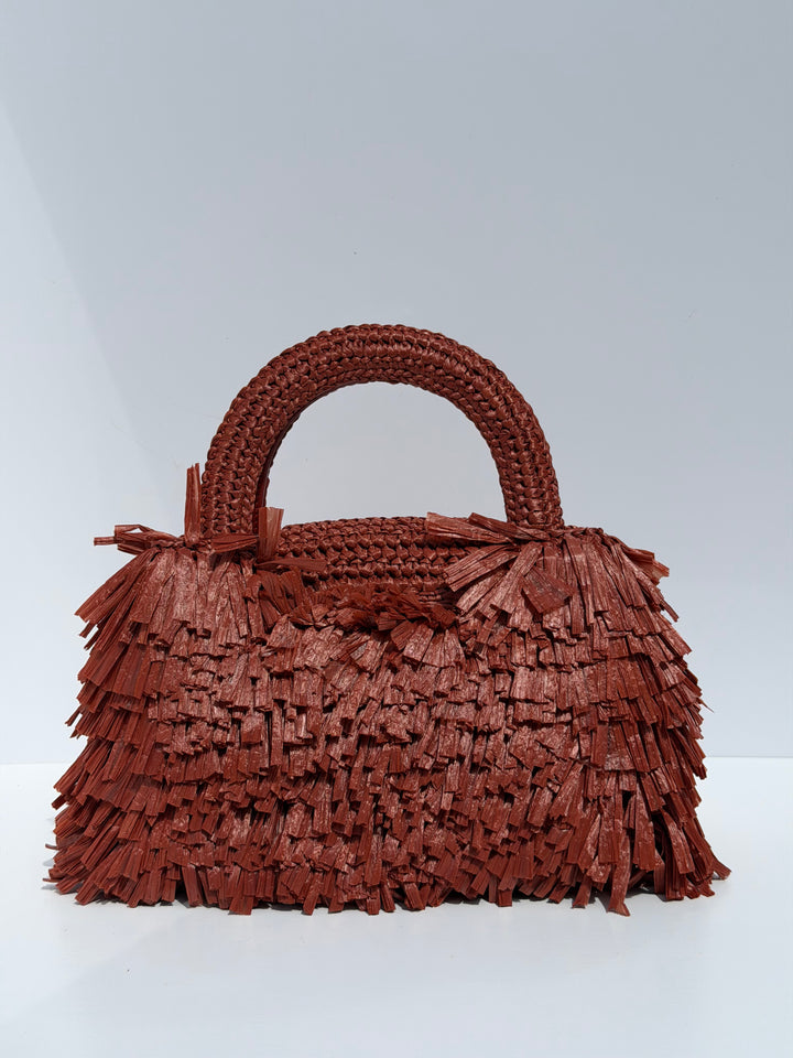 Chanel Mini Shopping Bag Fringed Raffia Effect Fabric Rust Gold Tone Metal 2026