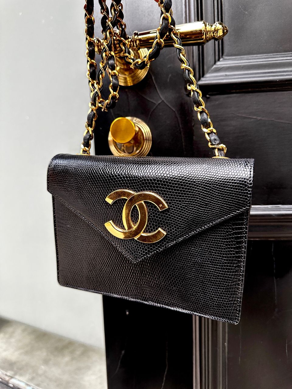 Chanel 1991 Black Lizard CC Envelope Flap Bag