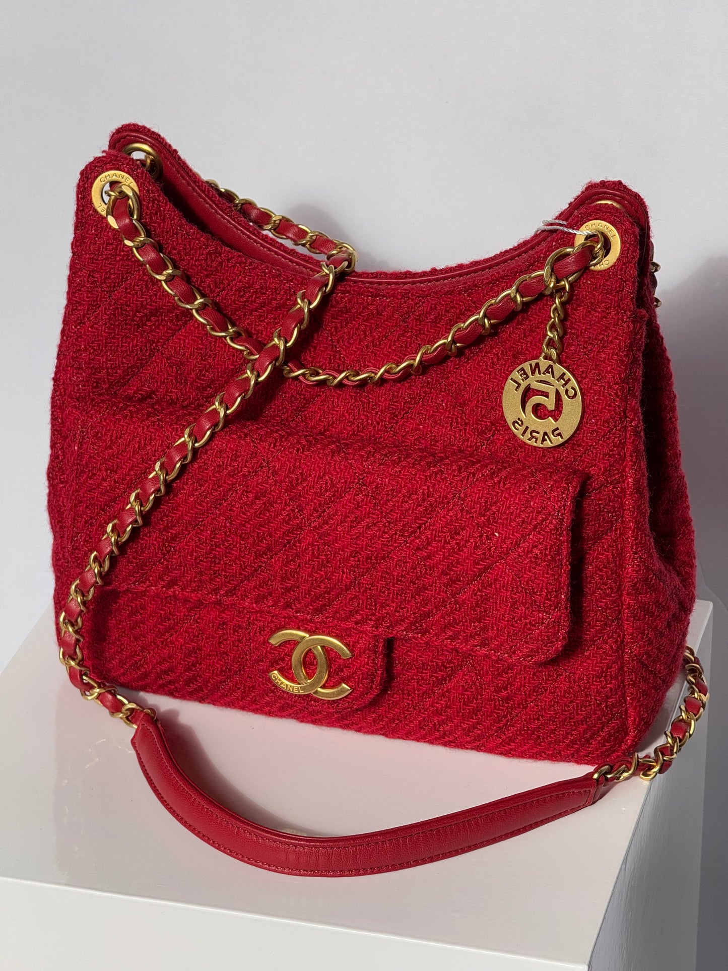 Chanel Small Red Wool Tweed Hobo