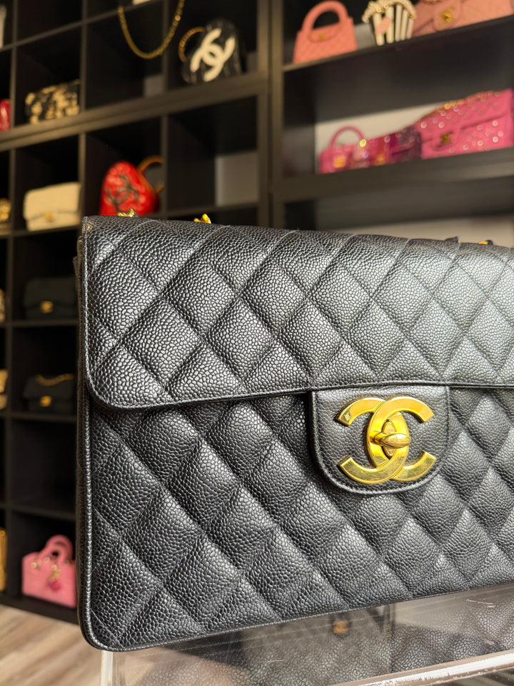 Chanel Classic Flap Jumbo Black Caviar 24K Gold Hardware 1994