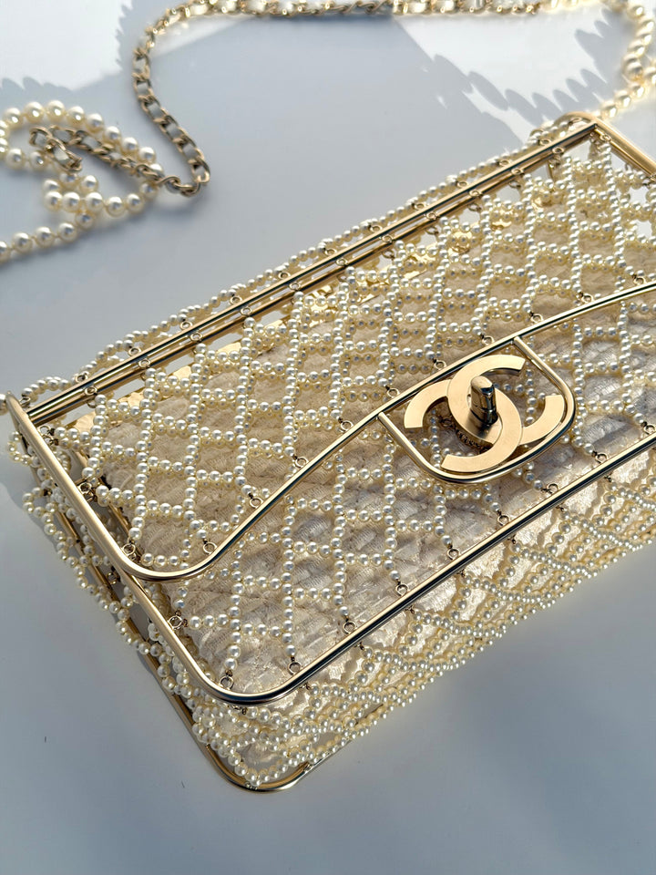 Chanel 2014 Pearl Embellished Caged Flap Minaudière Bag