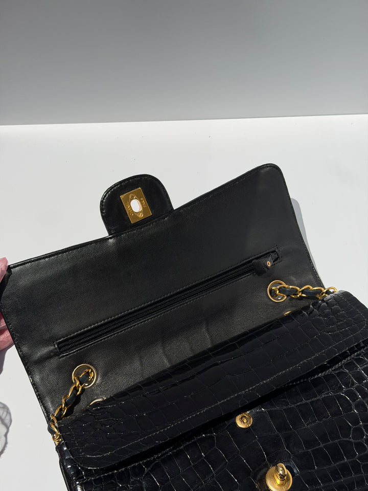 Chanel Medium Classic Flap Bag Alligator Black 24K Plated Gold Hardware 1997