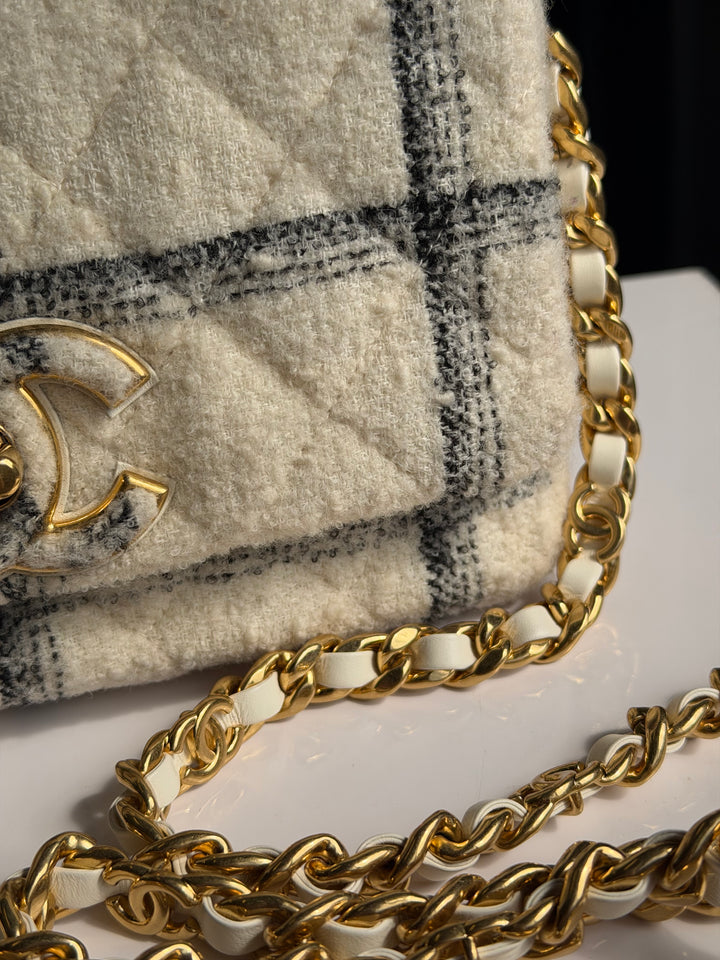 Chanel Small Elegant Chain Flap Wool Tweed White Black Gold Hardware 2022