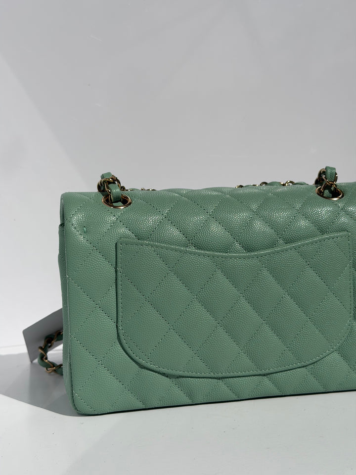 Chanel Small Classic Double Flap Caviar Green Light Gold Hardware 2023