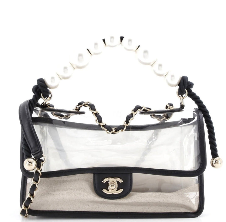 Chanel Sand By The Sea Pearl Strap Flap Bag PVC Black Light Gold Hardware 2019