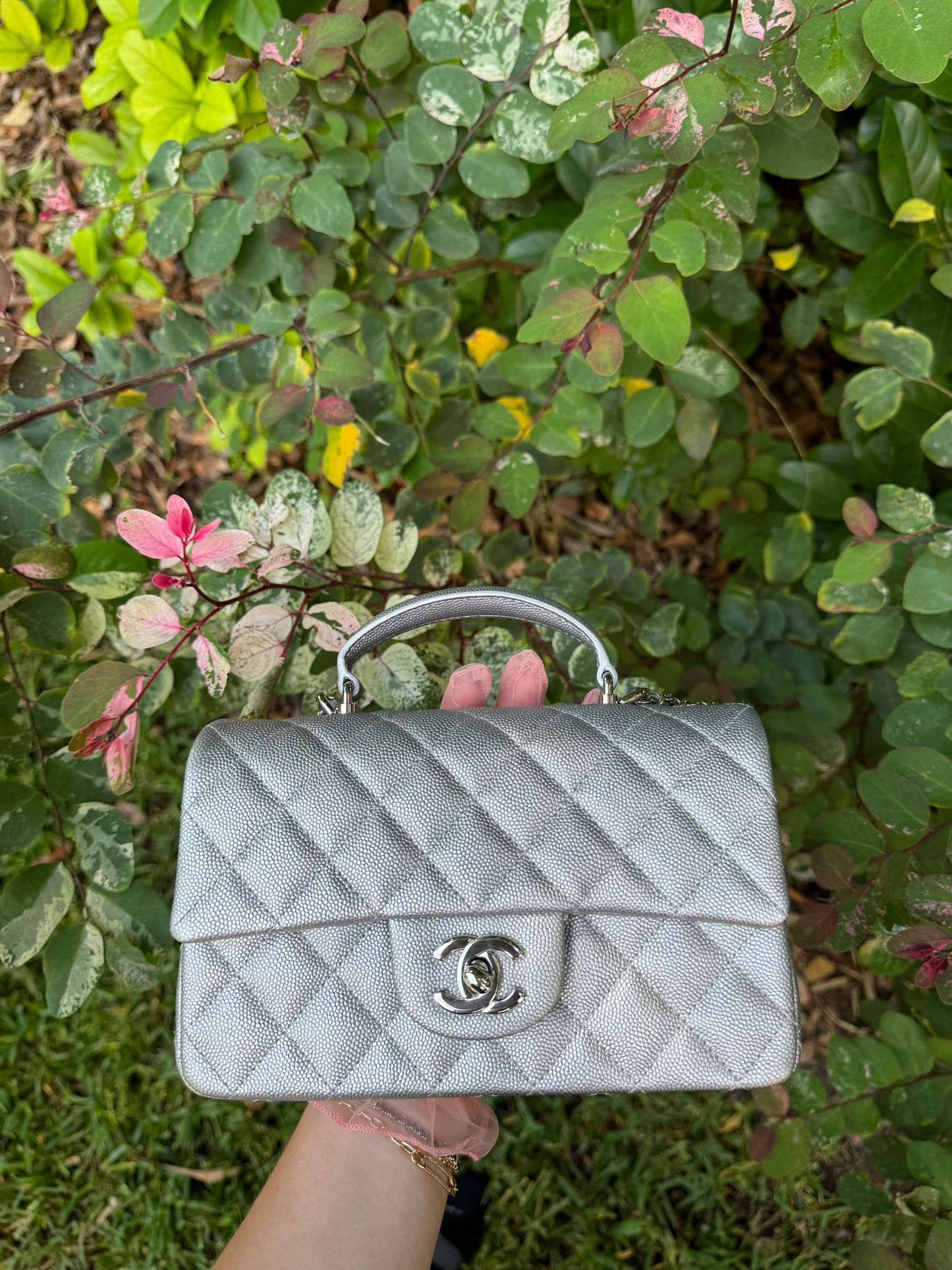 Chanel 21S Mini Metallic Silver Caviar Top Handle