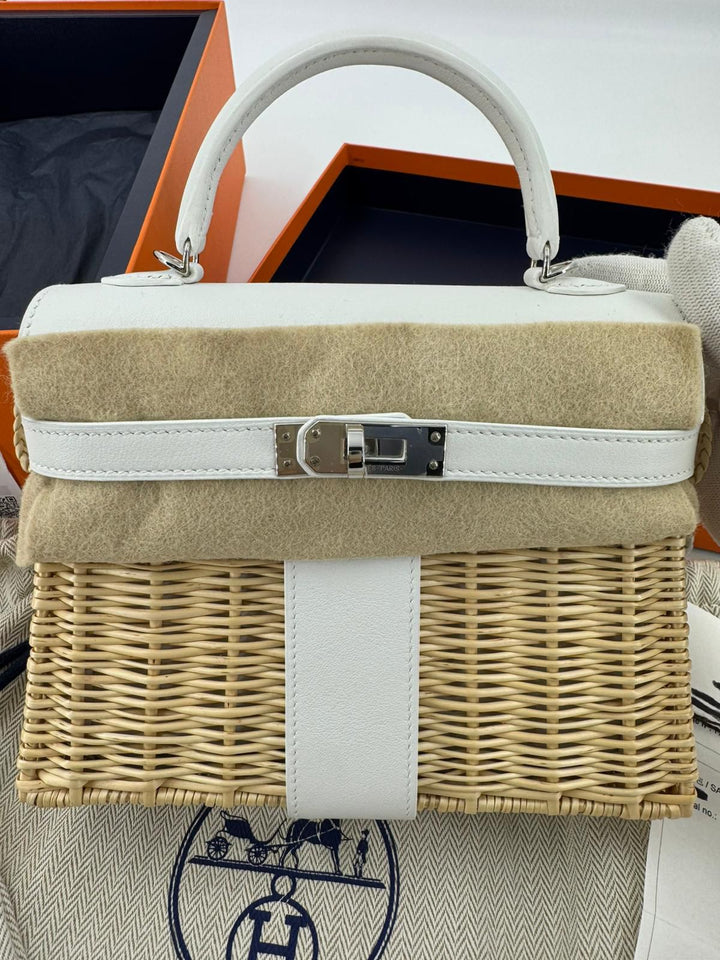 Hermès Mini Kelly Picnic Wicker New White Palladium Hardware 2023