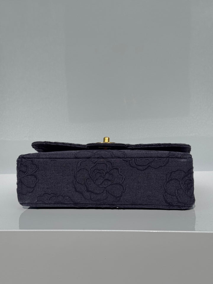 Chanel 1997 Medium 24K Navy Camellia Classic Flap Bag