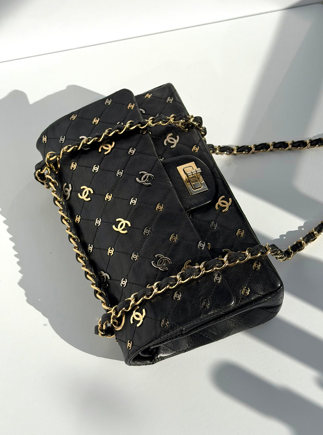 Chanel Medium Reissue 2.55 Flap Bag Black Leather Gold Hardware Punk Charms 2007
