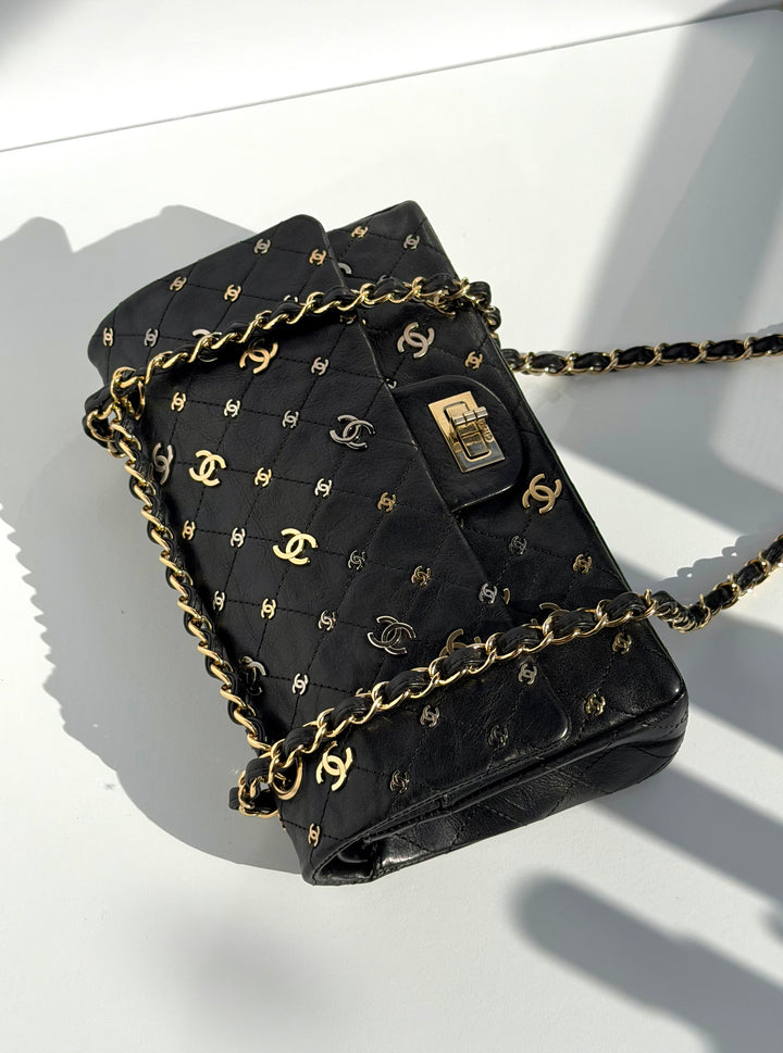 Chanel Medium Reissue 2.55 Flap Bag Black Leather Gold Hardware Punk Charms 2007