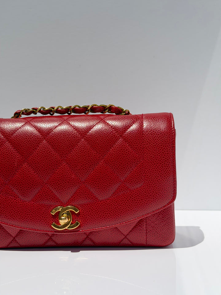 Chanel Small Diana Flap Bag Caviar Red 24K Plated Gold Hardware 1994