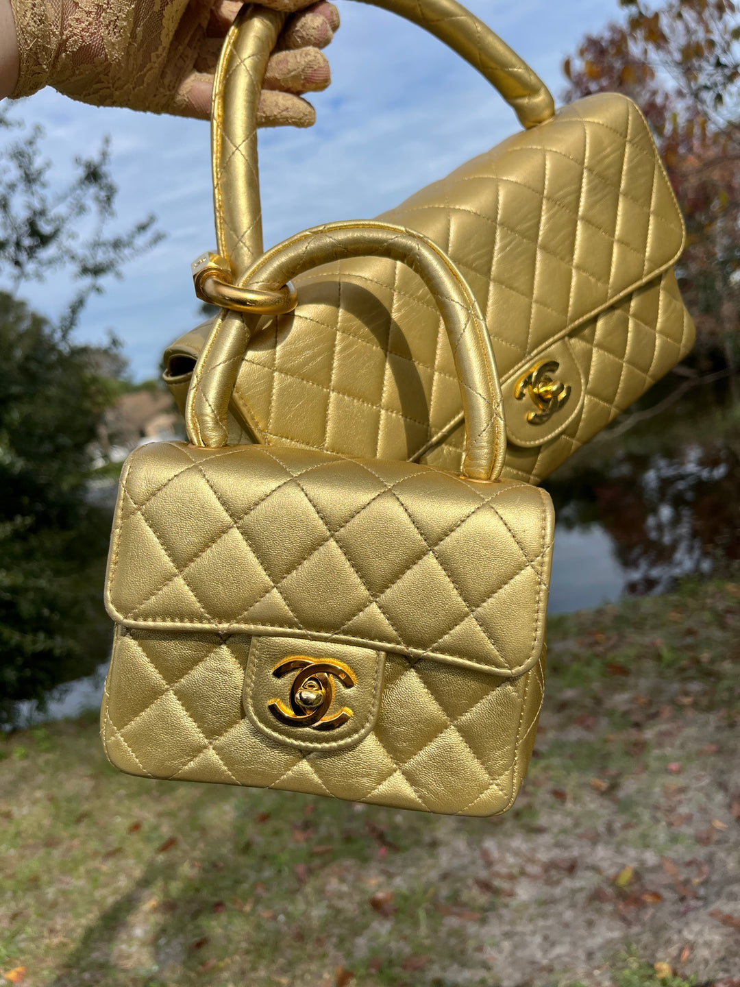 Chanel Vintage Kelly Parent & Child Metallic Lambskin Set
