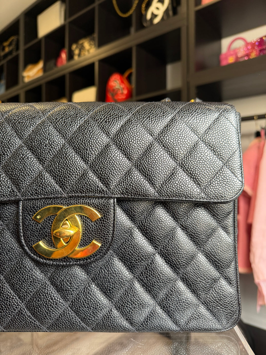 Chanel Classic Flap Jumbo Black Caviar 24K Gold Hardware 1994