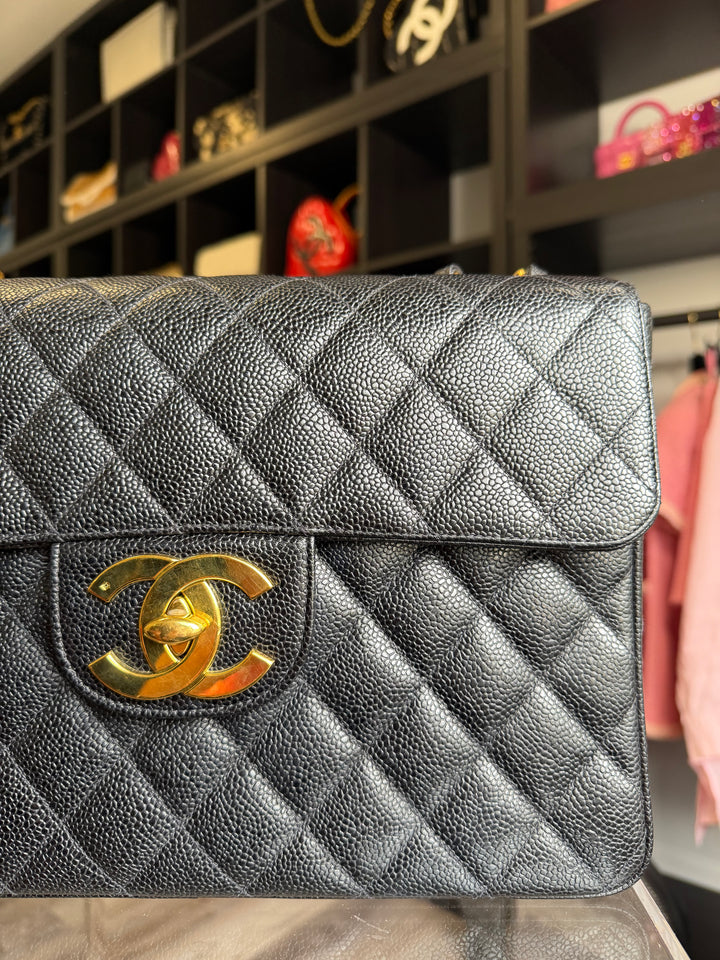 Chanel Classic Flap Jumbo Black Caviar 24K Gold Hardware 1994