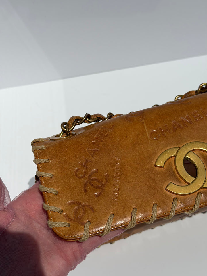 Chanel Half Flap Bag Tan Debossed Logo Calfskin Whipstitched Gold Hardware 1994