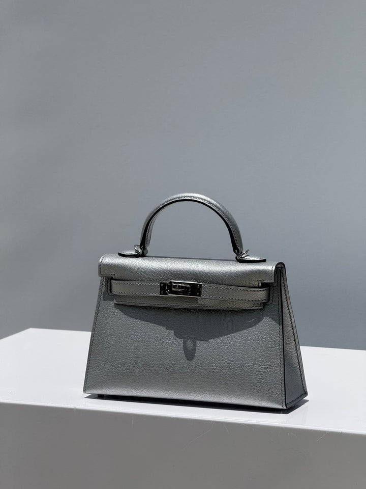 Hermes Mini Sellier Argent Silver Metallic Chevre Chamkilight Kelly 20