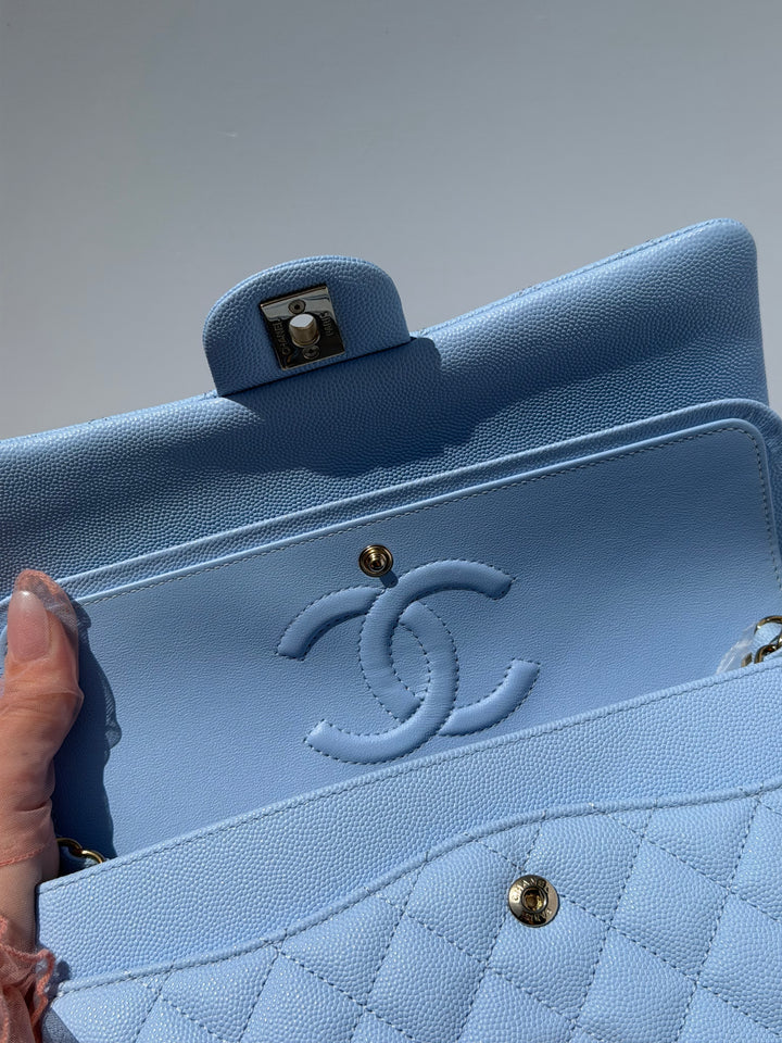 Chanel Medium Classic Double Flap Caviar Light Blue Light Gold Hardware 2023