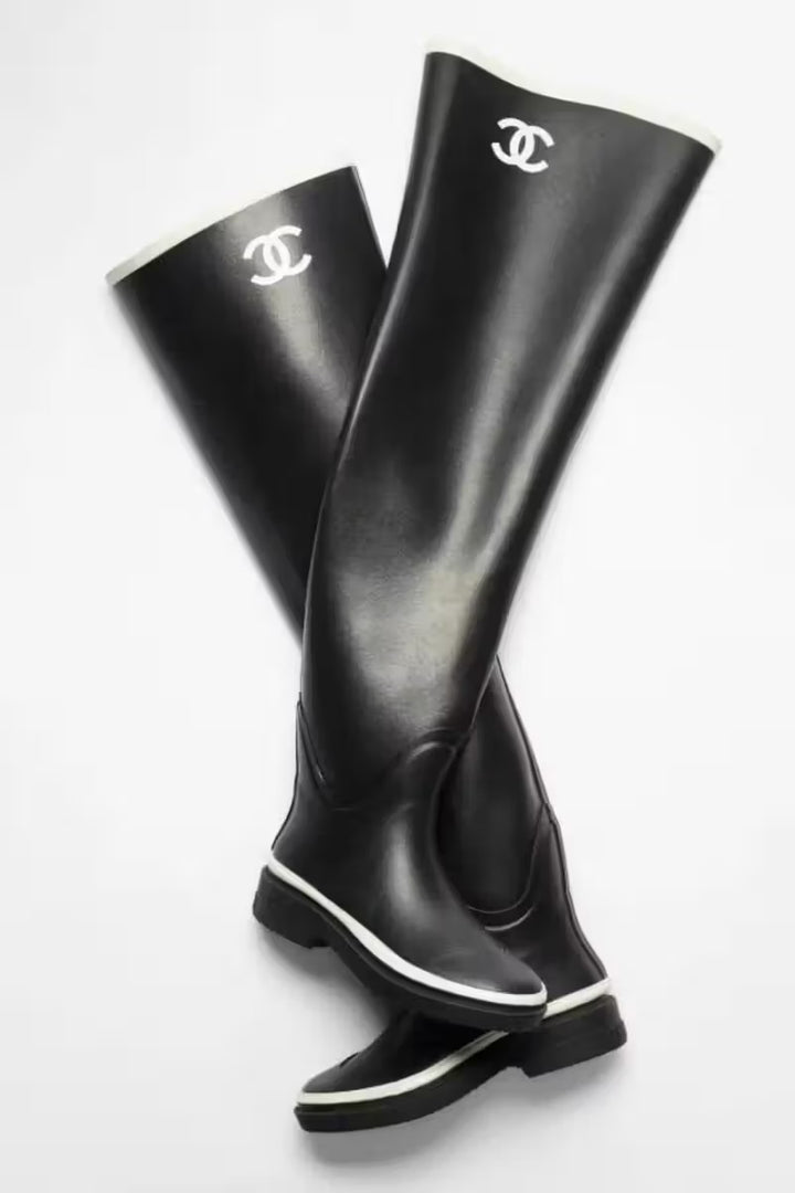 Chanel 22K Black/White Caoutchouc CC Logo Thigh High Rain Boot